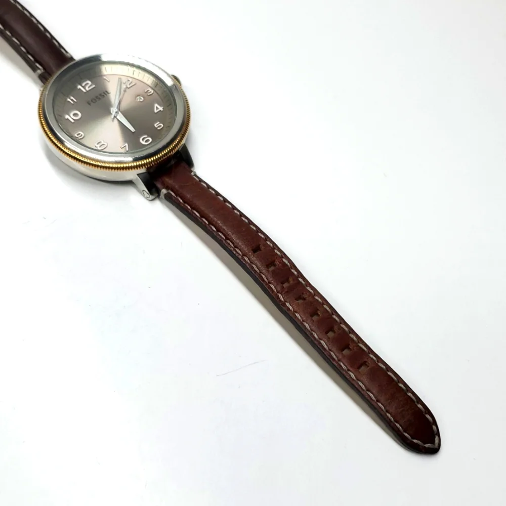Fossil Watch AM-4304 Silver Gold Watch Brown Leather Band